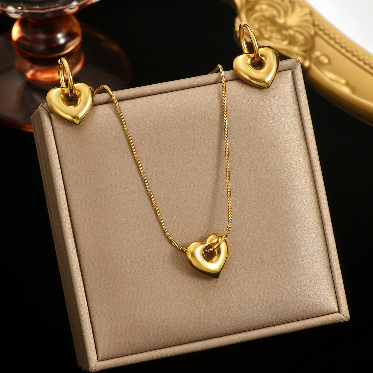 18K Gold Plated Stainless Steel Heart Pendant Necklace And Hoop Earrings Set