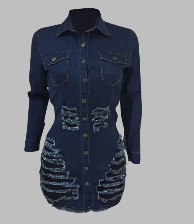 Shredded denim dress denim casual dress
