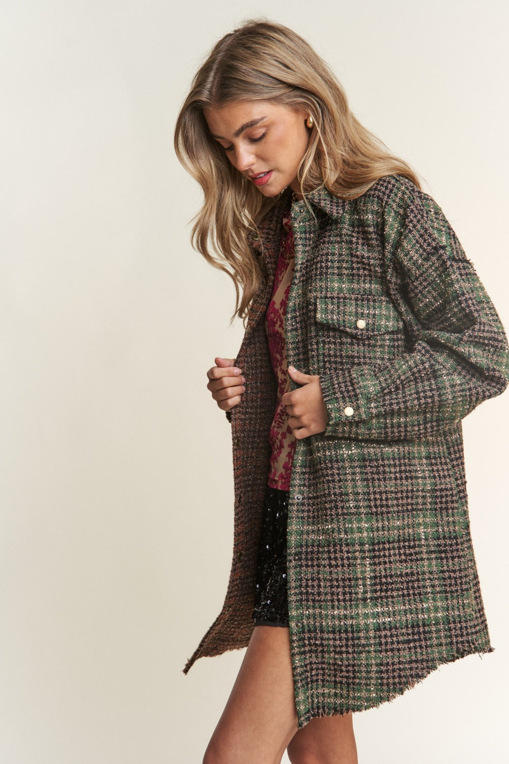 J.NNA - Veste longue à carreaux contrastés en tweed à boutons-pression