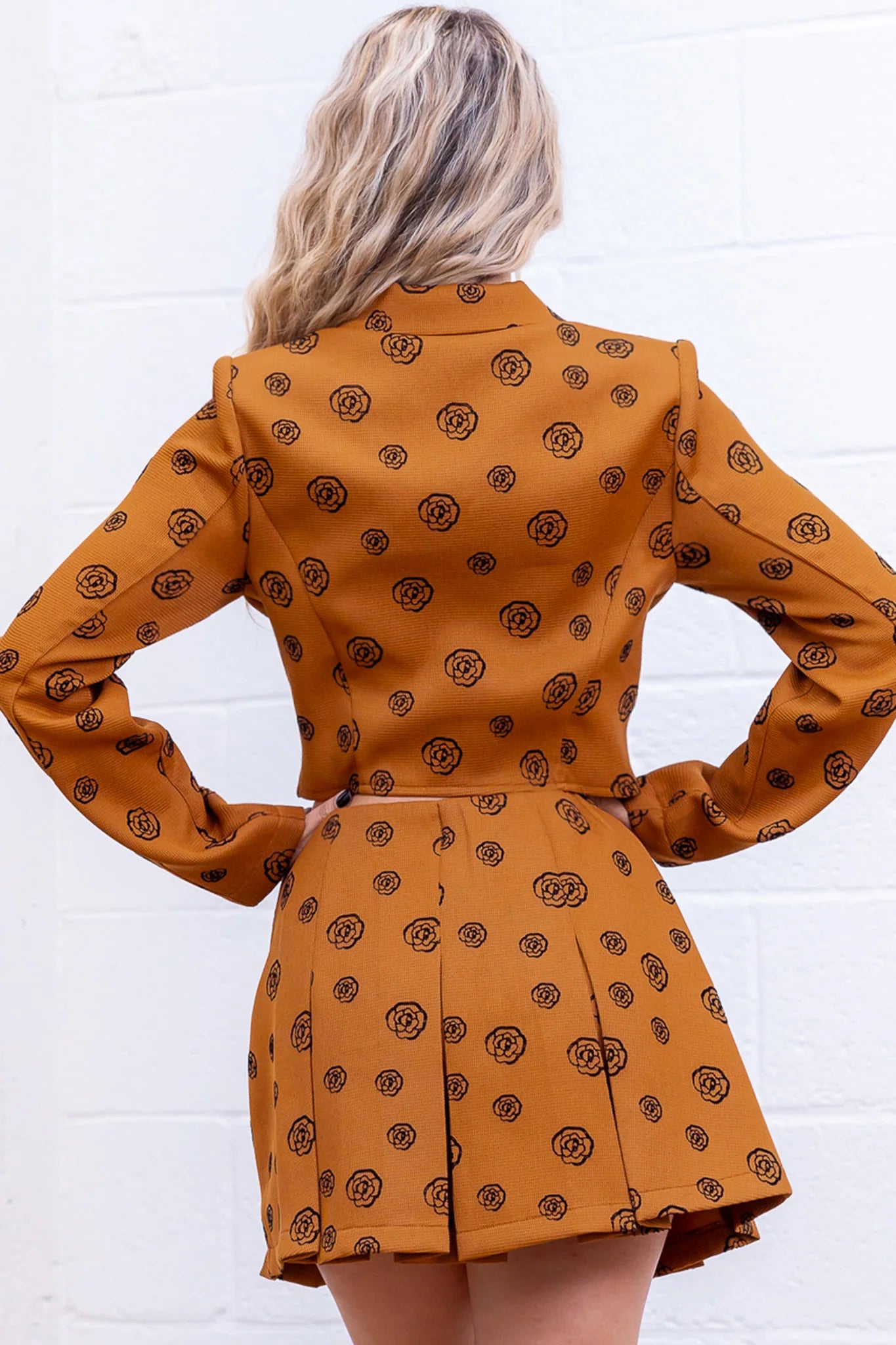 A.Peach Embroidered Blazer Jacket and Mini Skirt Set