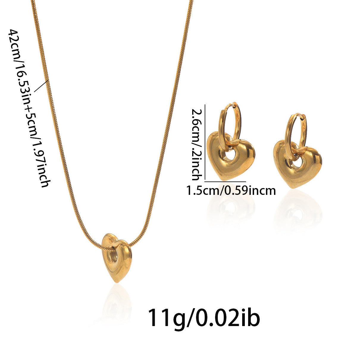 18K Gold Plated Stainless Steel Heart Pendant Necklace And Hoop Earrings Set