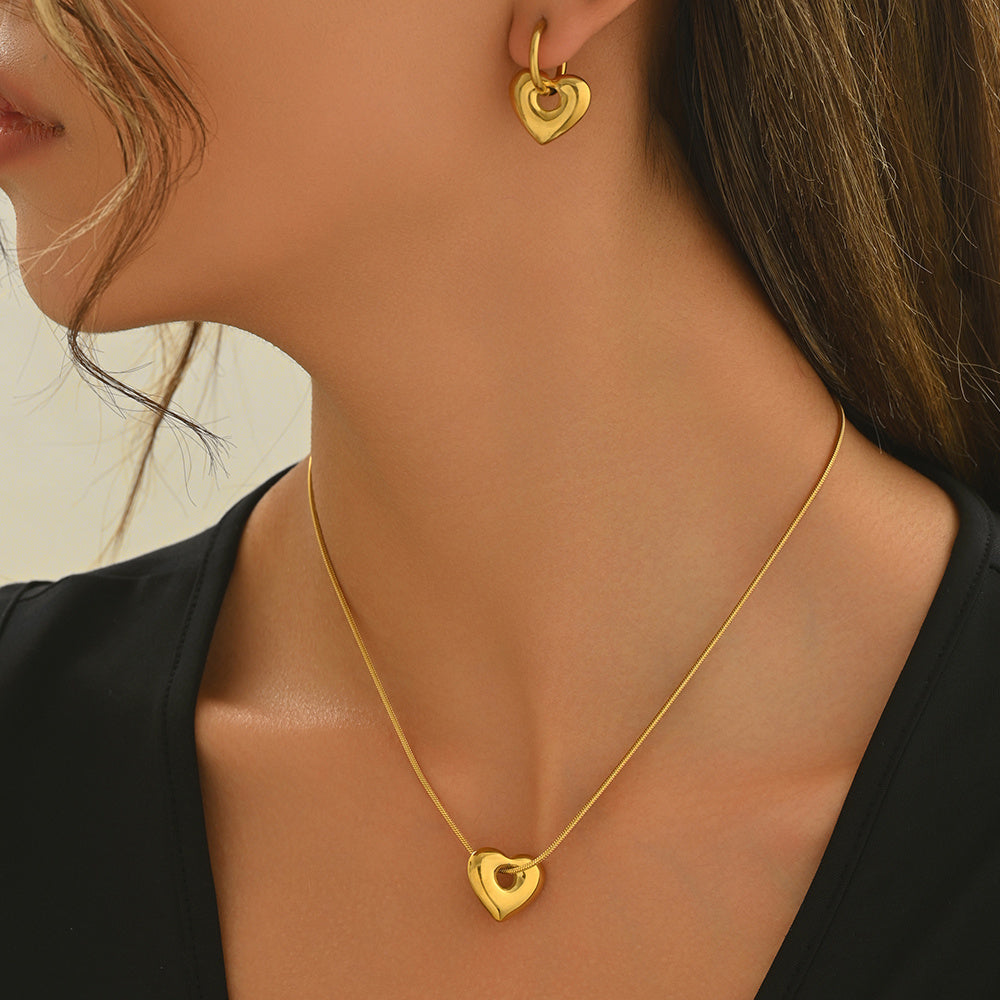18K Gold Plated Stainless Steel Heart Pendant Necklace And Hoop Earrings Set