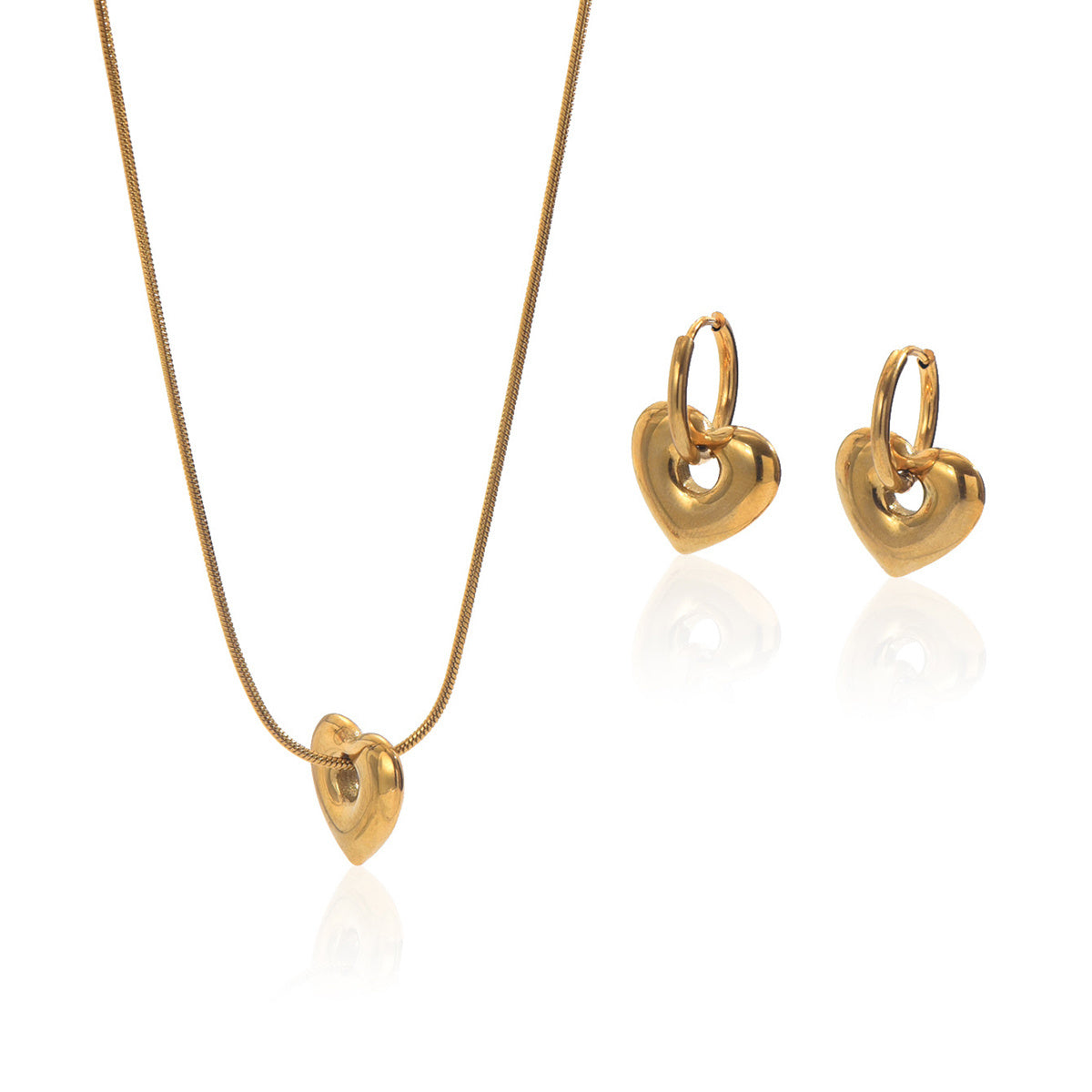 18K Gold Plated Stainless Steel Heart Pendant Necklace And Hoop Earrings Set