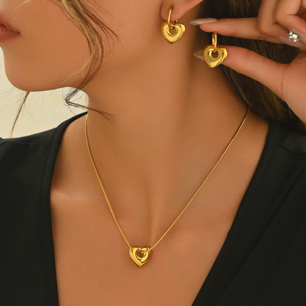 18K Gold Plated Stainless Steel Heart Pendant Necklace And Hoop Earrings Set