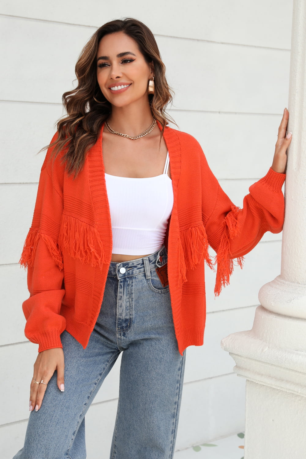 fringe trim open front cardigan